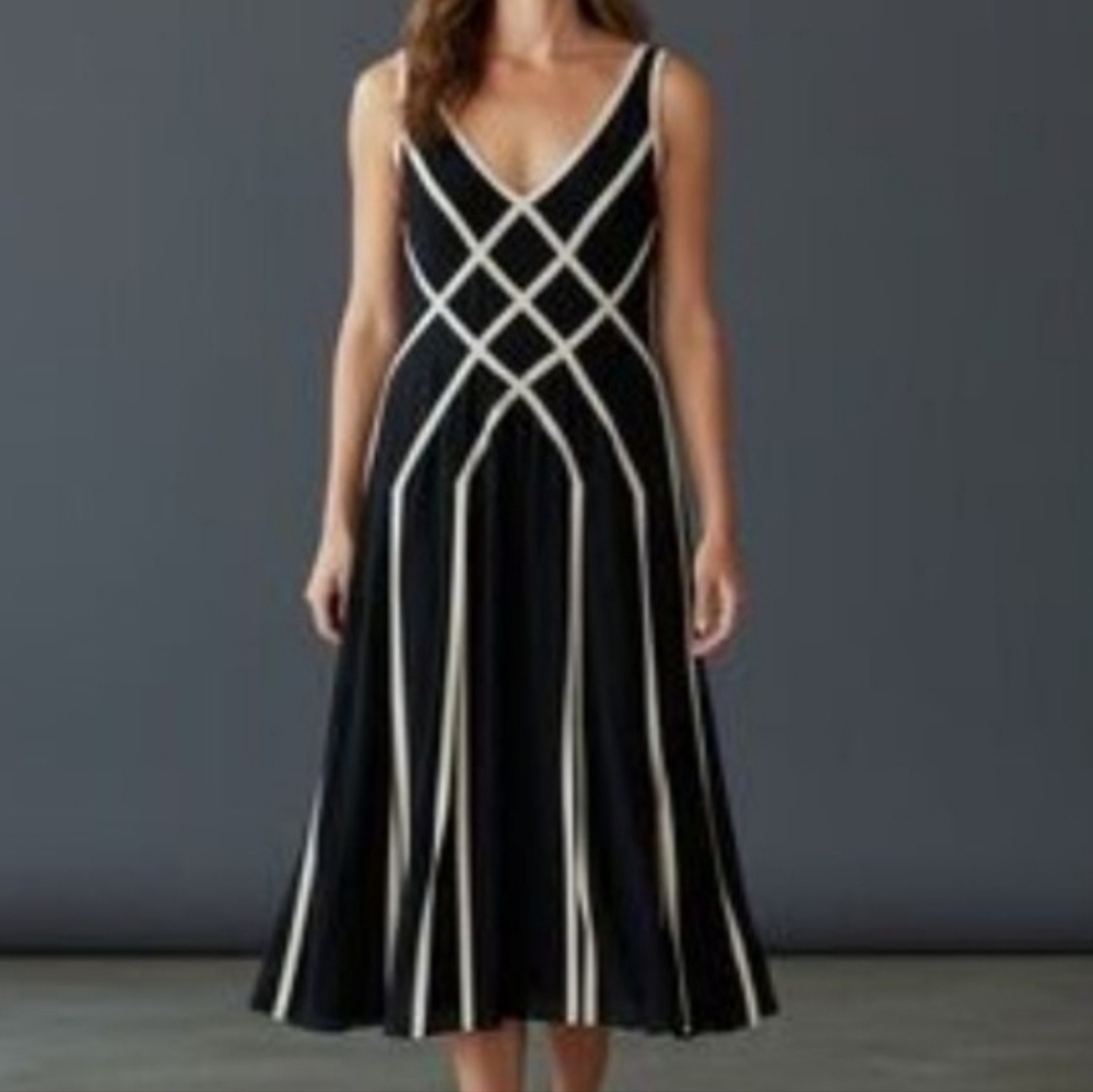 Papell Boutique Evening Ribbon Details Black  Cream Midi Dress Sz 8